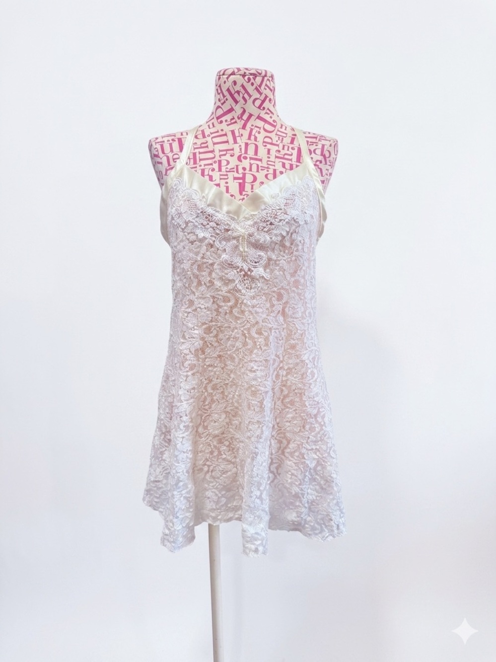 Vintage Cinema Etoile Bridal Lace Babydoll Chemise Nightie w/Pearl Ivory Sz L